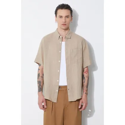 Zdjęcie A.P.C. koszula lniana chemisette bellini logo kolor beżowy regular z kołnierzykiem klasycznym LIAEK-H12551