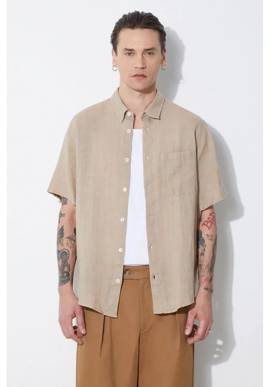 obrazek 1 A.P.C. koszula lniana chemisette bellini logo kolor beżowy regular z kołnierzykiem klasycznym LIAEK-H12551