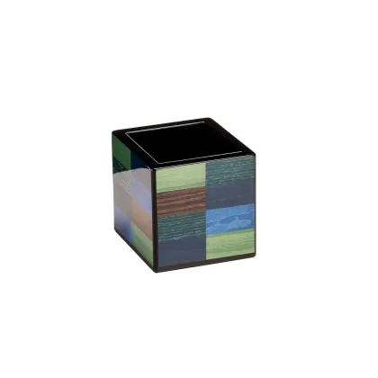 Picture Pen stand in the form of a cube made of wood, veneer and black Alcantara