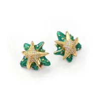 Picture Silver earrings plated with 18-carat gold. Starfish finished with white zircons and green enamel