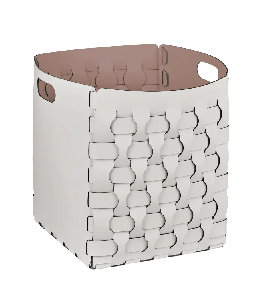 obrazek 1 Duży kosz Dubai 35x35xH40 cm z plecionymi skórzanymi bokami w kolorze perłowym