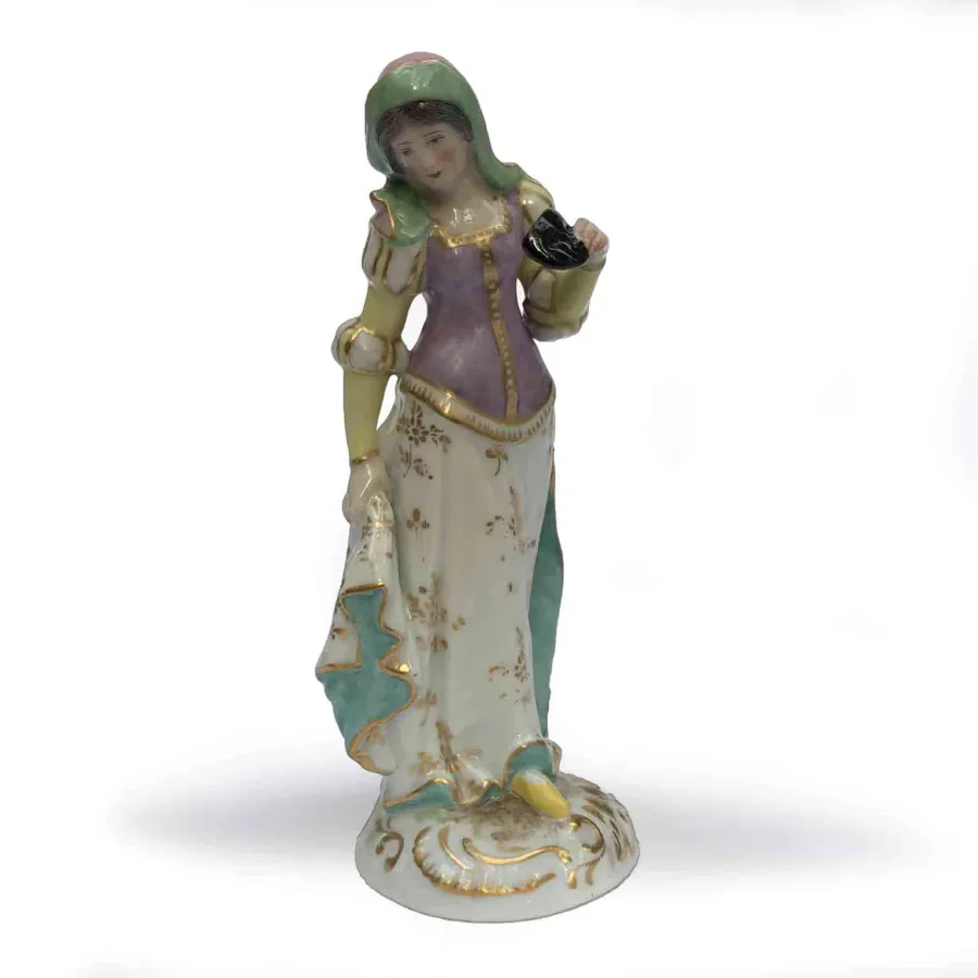 obrazek 1 Figurka ze starej porcelany paryskiej przedstawiająca kobietę stojącą na okrągłej podstawie
