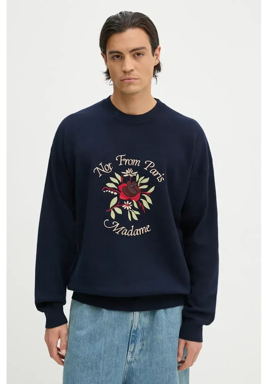 obrazek 1 Drôle de Monsieur sweter wełniany Le Maille Slogan Fleurs kolor granatowy  E.PO162.WO007.NY Le Maille Slogan Fleurs