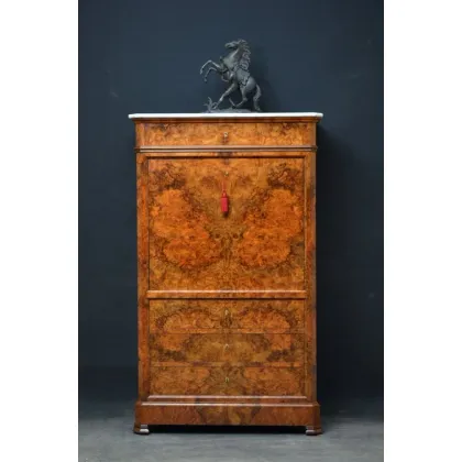 Zdjęcie Bardzo imponujący, z orzecha, Biedermeier secretarzyk, z białą marmurową górą z szufladami z fryzem poniżej - antyk