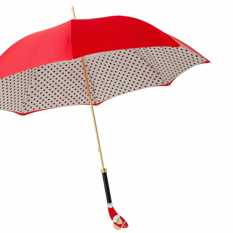 obrazek 7 Wyjątkowy czerwono biały parasol damski w czarne kropki z rączką zdobioną rybą – Pasotti