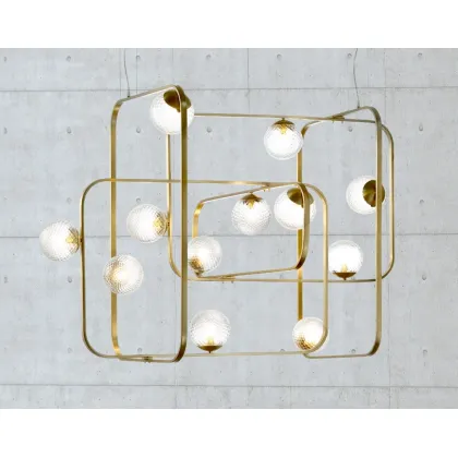 Zdjęcie Żyrandol z prostokątną mosiężną tubą i kulami ze szkła Murano „balotton” - Il Paralume Marina