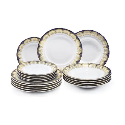 Zdjęcie Bogato zdobiony 18-elementowy zestaw talerzy z porcelany w kolorze kobaltowym i złotym z kolekcji Castle Sonata – Leander