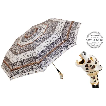 Zdjęcie Piękny stylowy parasol damski zdobiony motywem skóry jaguara z rączką – głową jaguara - Pasotti