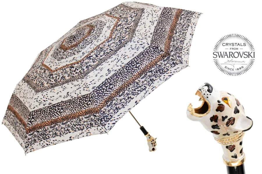 obrazek 1 Piękny stylowy parasol damski zdobiony motywem skóry jaguara z rączką – głową jaguara - Pasotti