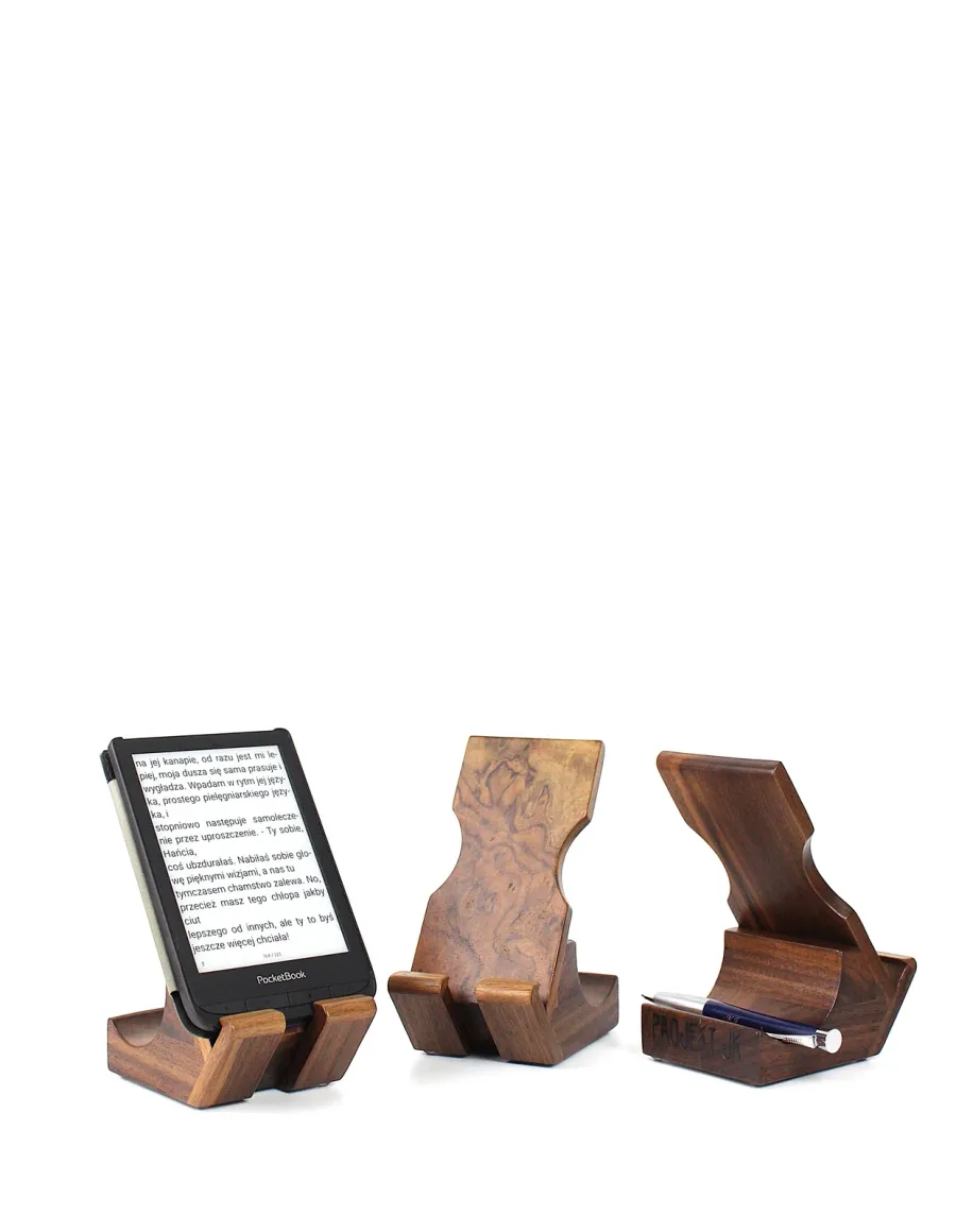 obrazek 3 Ekskluzywny stojak na telefon, iPada, tablet lub smartfon. Stojak na  czytnik e-booków. Orzech amerykański. Fornir burl. Wykonane ręcznie.