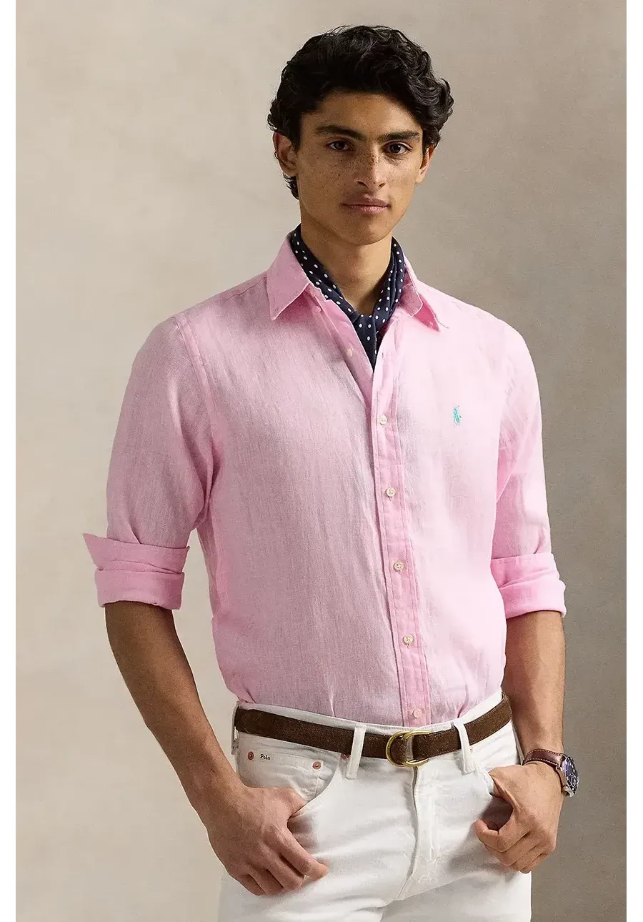 obrazek 1 Polo Ralph Lauren koszula lniana męska kolor różowy slim z kołnierzykiem button-down 710968915