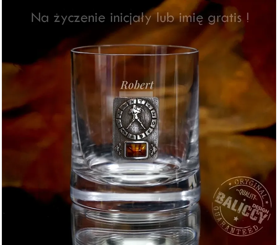 obrazek 6 Szklanka do whisky z bursztynem - znak zodiaku Wodnik