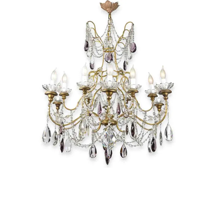 obrazek 2 Duży antyczny złoty żyrandol z dwunastoma światłami kryształowymi, w idealnym stanie, z początku XX wieku