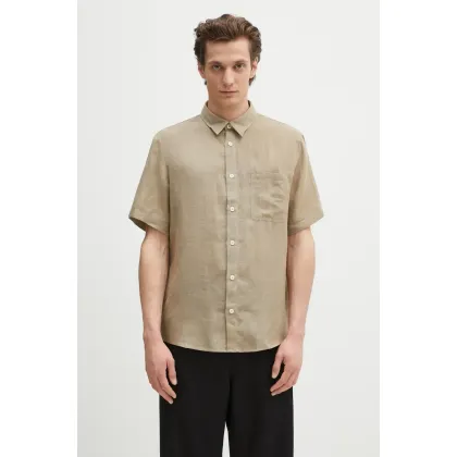 Zdjęcie A.P.C. koszula lniana chemisette bellini logo męska kolor zielony relaxed z kołnierzykiem klasycznym LIAEK.H12551