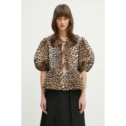 Zdjęcie GANNI koszula bawełniana Printed Cotton Poplin Peplum damska kolor brązowy regular F9116