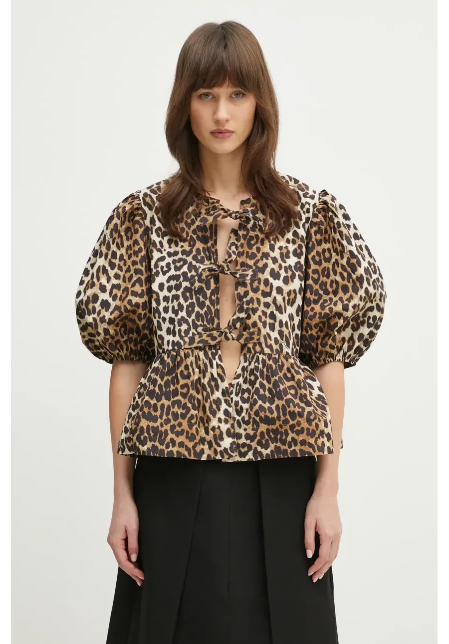 obrazek 1 GANNI koszula bawełniana Printed Cotton Poplin Peplum damska kolor brązowy regular F9116