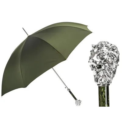 Picture Stylish dark olive men's umbrella with a handle in the shape of a lion's head - Pasotti