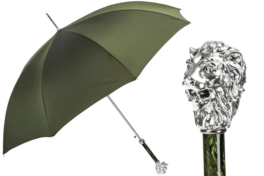 obrazek 1 Stylowy ciemnooliwkowy parasol męski z rączką w kształcie głowy lwa - Pasotti