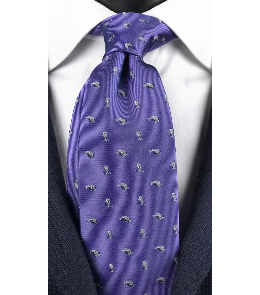 obrazek 1 Jedwabny, elegancki, fioletowy krawat w ryby