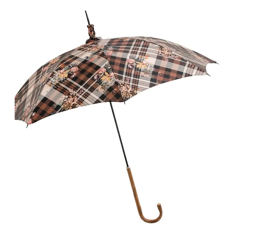obrazek 7 Stylowy parasol damski w brązową kratę zdobiony subtelnym motywem kwiatowym – Pasotti
