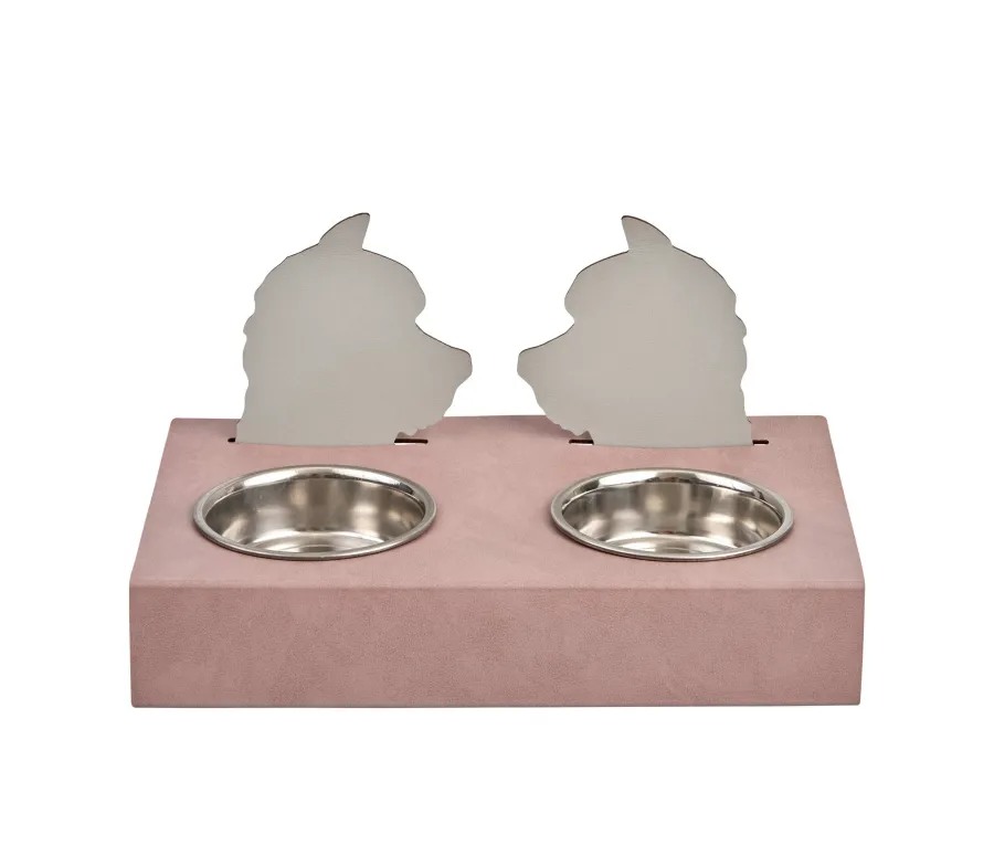 obrazek 1 Unikalny skórzany stojak na miski dla psa 40x22xH7,5 cm w kolorze złamanego pudrowego różu