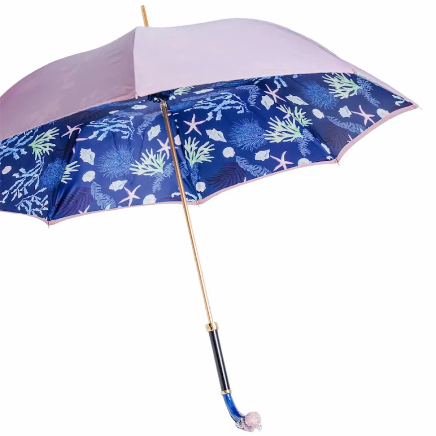 obrazek 8 Luksusowy fioletowo niebieski parasol damski zdobiony morskim wzorem z rączką z rozgwiazdą – Pasotti