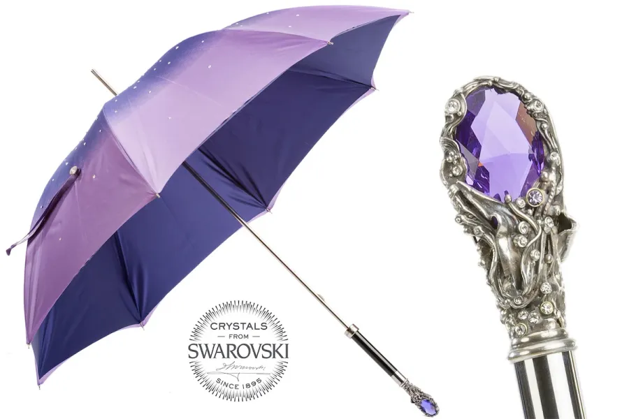 obrazek 1 Oryginalny parasol damski w kolorze fioletowym z piękną rzeźbioną rączką z klejnotem - Pasotti