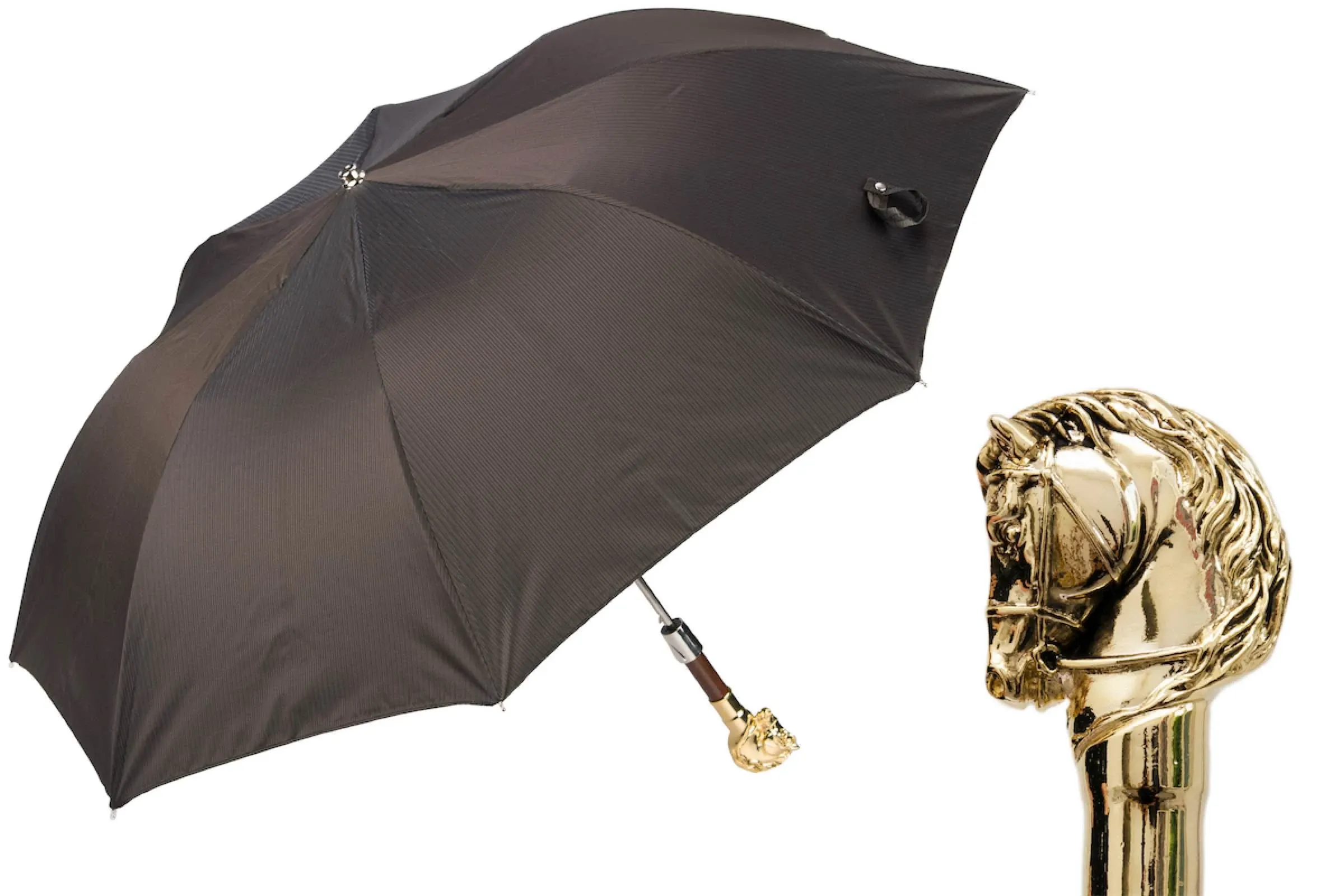 Picture Elegancki brązowy parasol męski z rączką w kształcie głowy konia – Pasotti