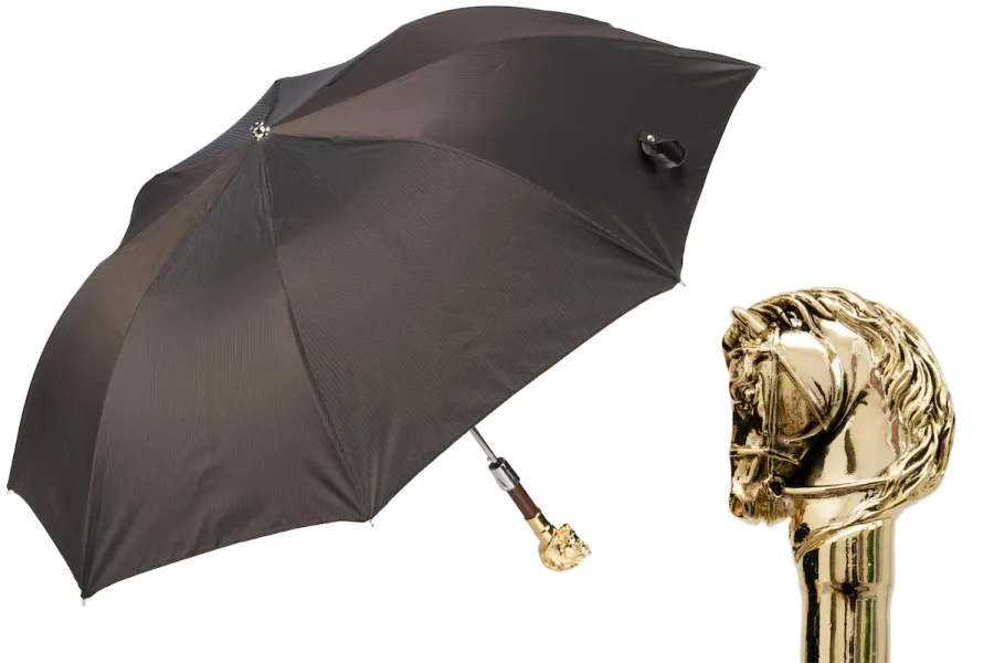 obrazek 1 Elegancki brązowy parasol męski z rączką w kształcie głowy konia – Pasotti