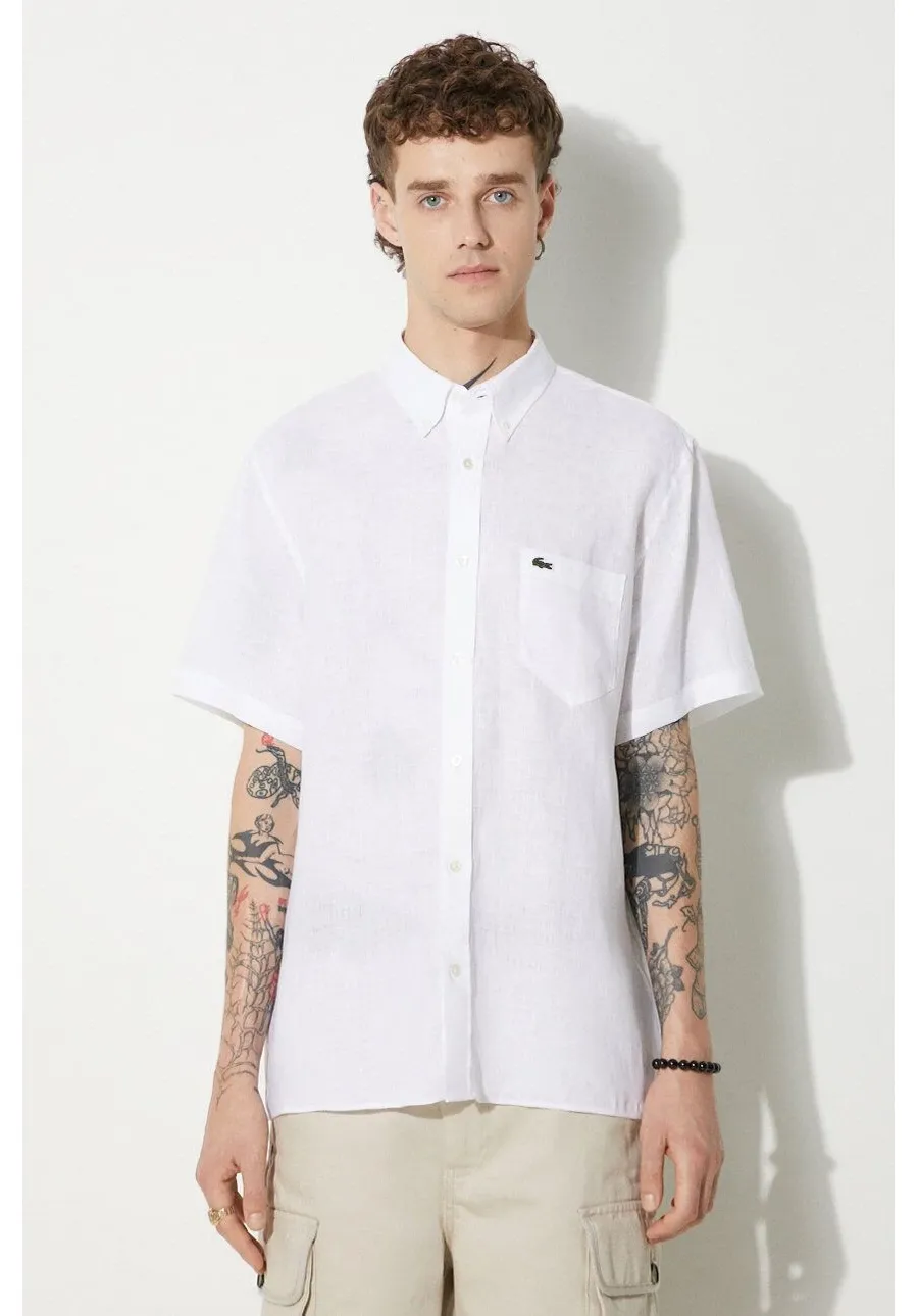 obrazek 1 Lacoste koszula lniana kolor biały regular z kołnierzykiem button-down