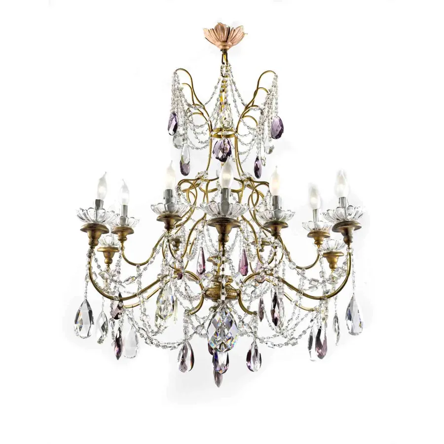obrazek 5 Duży antyczny złoty żyrandol z dwunastoma światłami kryształowymi, w idealnym stanie, z początku XX wieku