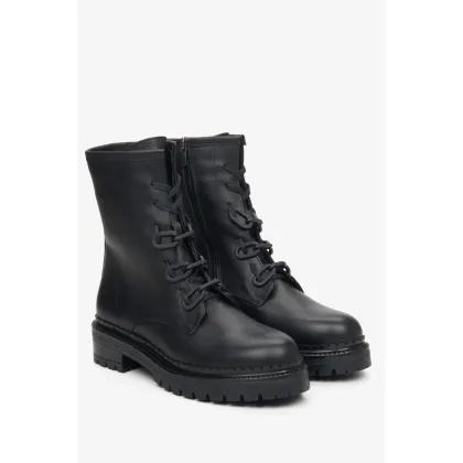 Zdjęcie Estro: Czarne botki damskie ze skóry naturalnej ze zdobieniem