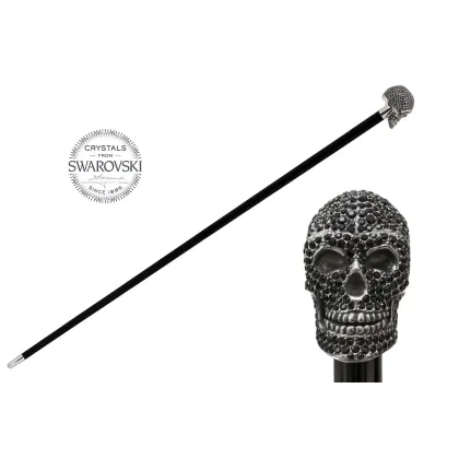 Zdjęcie Oryginalna czarna laska z rączką w kształcie czaszki wysadzanej kryształkami Swarovskiego - Pasotti