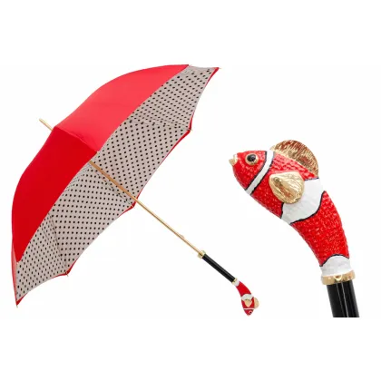 Zdjęcie Wyjątkowy czerwono biały parasol damski w czarne kropki z rączką zdobioną rybą – Pasotti