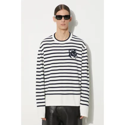 Zdjęcie Maison Kitsuné sweter bawełniany Fox Head Intarsia Comfort Striped Jumper kolor granatowy lekki MM00803KT1102