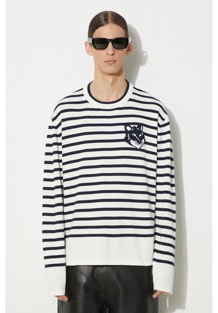 obrazek 1 Maison Kitsuné sweter bawełniany Fox Head Intarsia Comfort Striped Jumper kolor granatowy lekki MM00803KT1102