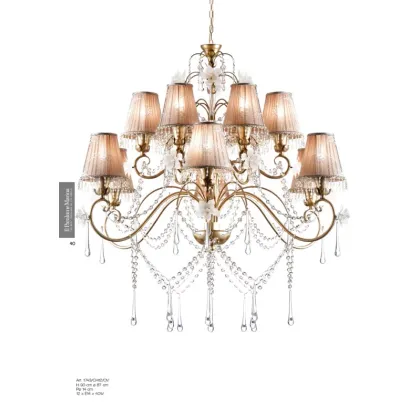 Zdjęcie Żyrandol 12-świetlny ze złotego metalu ozdobiony kwiatami i kroplami ze szkła Murano oraz ręcznie wykonanymi abażurami - Il Paralume Marina
