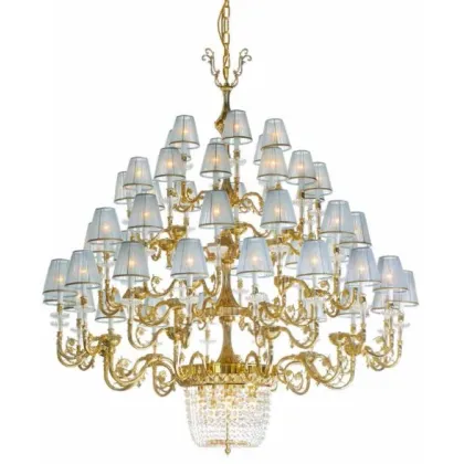 Zdjęcie Żyrandol z 48 światłami z odlewanego mosiądzu z kryształami i kloszami z tkaniny - Il Paralume Marina