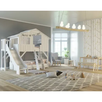 Zdjęcie Niepowtarzalne łóżko piętrowe - domek na platformie ze zjeżdżalnią z litego drewna - Mathy by Bols