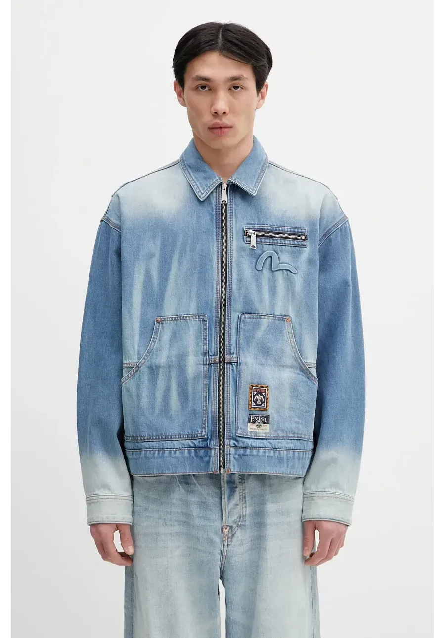 obrazek 1 Evisu kurtka jeansowa Worker Denim w Emboss Kamon kolor niebieski przejściowa 2ESHTM5DJ1038