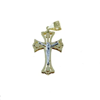 Zdjęcie Złoty krzyż płytowy podwójny z Chrystusem o wymiarach 20x15mm.