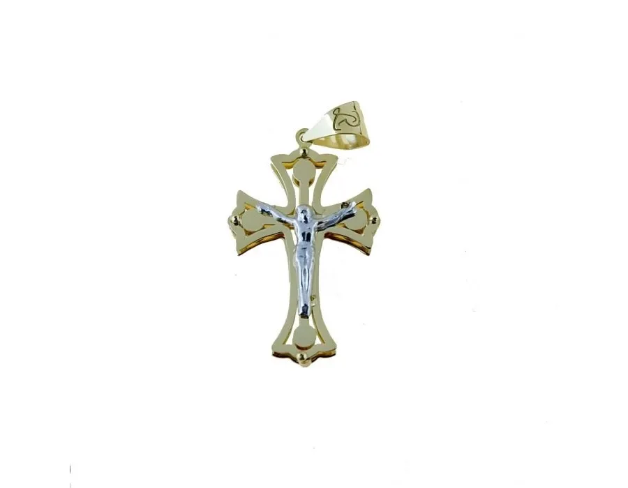 obrazek 1 Złoty krzyż płytowy podwójny z Chrystusem o wymiarach 20x15mm.