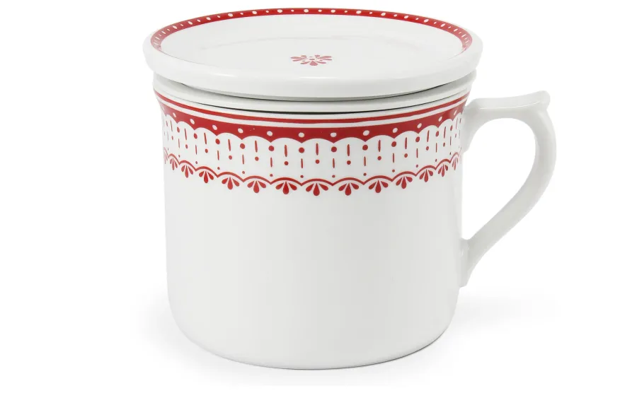 obrazek 1 Luksusowy kubek z pokrywką i sitkiem z porcelany zdobiony delikatnym czerwonym ornamentem - Leander