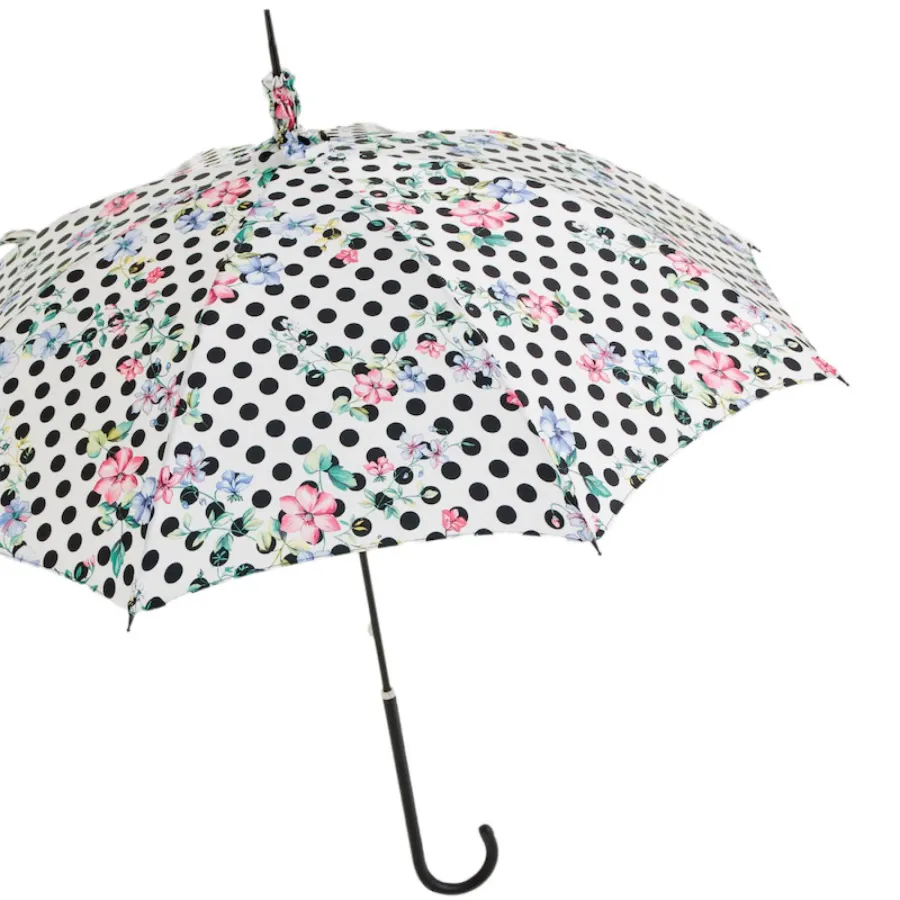 obrazek 7 Stylowy biały parasol damski w czarne kropki zdobiony subtelnym motywem kwiatowym – Pasotti
