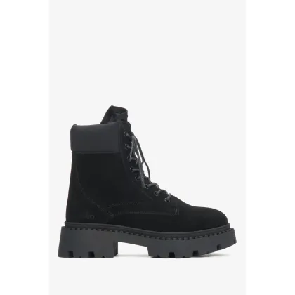 Zdjęcie Estro: Czarne botki damskie z włoskiego weluru naturalnego ze sznurowaniem