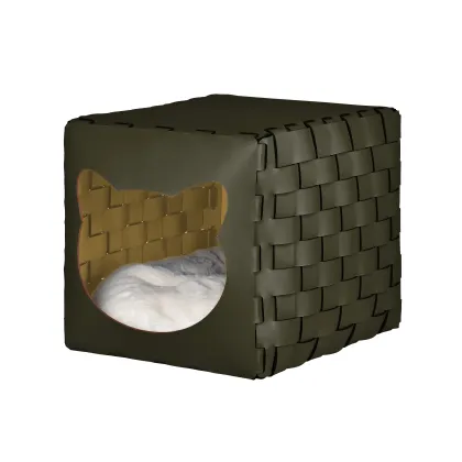 Zdjęcie Skórzany pleciony domek dla kota 35x40x35 cm w kolorze ciemnej oliwki