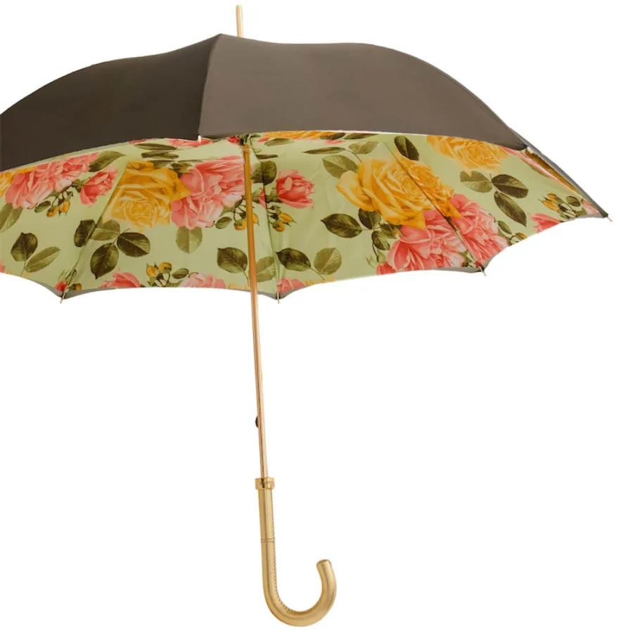 obrazek 7 Stylowy parasol damski w kolorze brązowym zdobiony żółtymi i czerwonymi różami - Pasotti