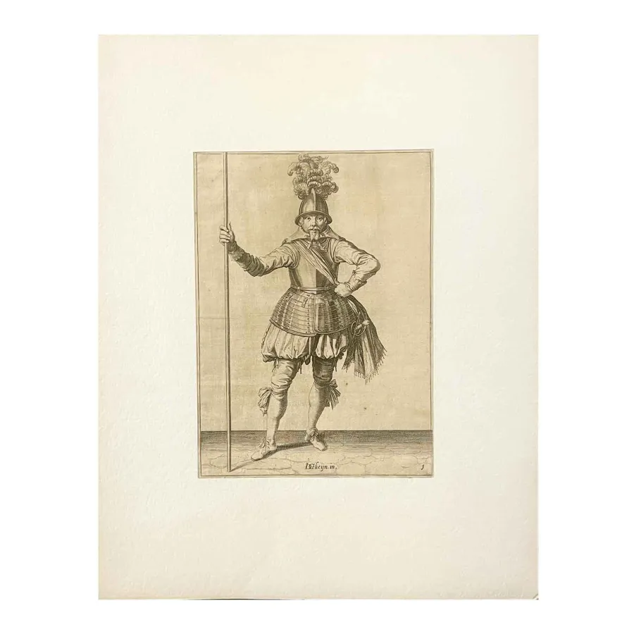 obrazek 4 Antyczny wydruk Człowiek w zbroi z halabardą z XVII wieku