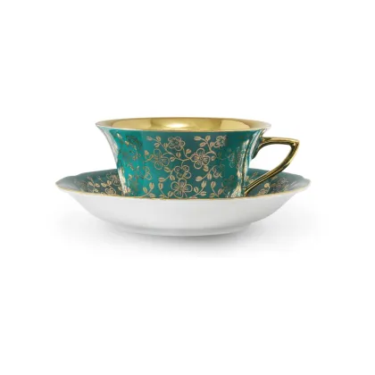 Zdjęcie Filiżanka do herbaty Windsor ze spodkiem z porcelany w kolorze zielonym zdobiona złotymi kwiatami – Leander