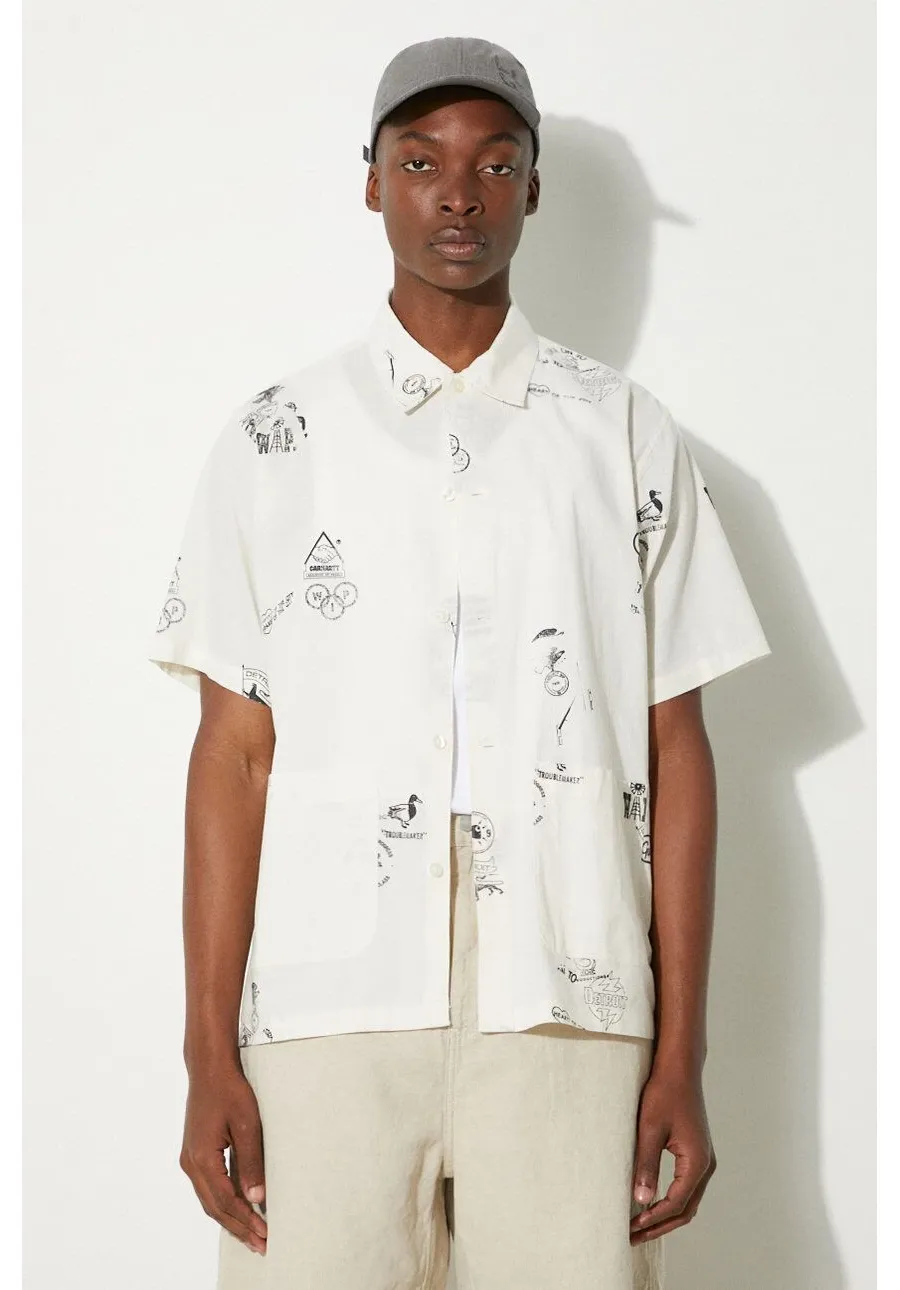 obrazek 1 Carhartt WIP koszula z domieszką lnu Stamp Shirt kolor beżowy relaxed z kołnierzykiem klasycznym I033689.2MAXX